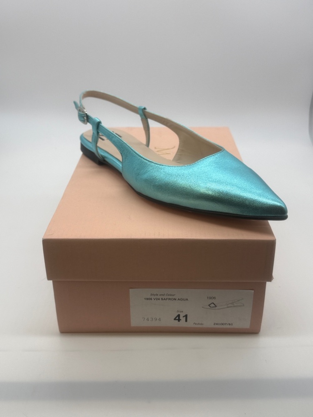 Marian Pointed Slingback Flats in Aqua Metallic